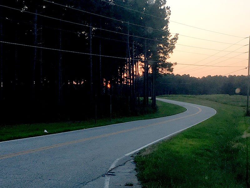 I drove home on the road less traveled into the sunset with the sky darkening and owls hooting while wind wisped through my hair as I ate smoked almonds.